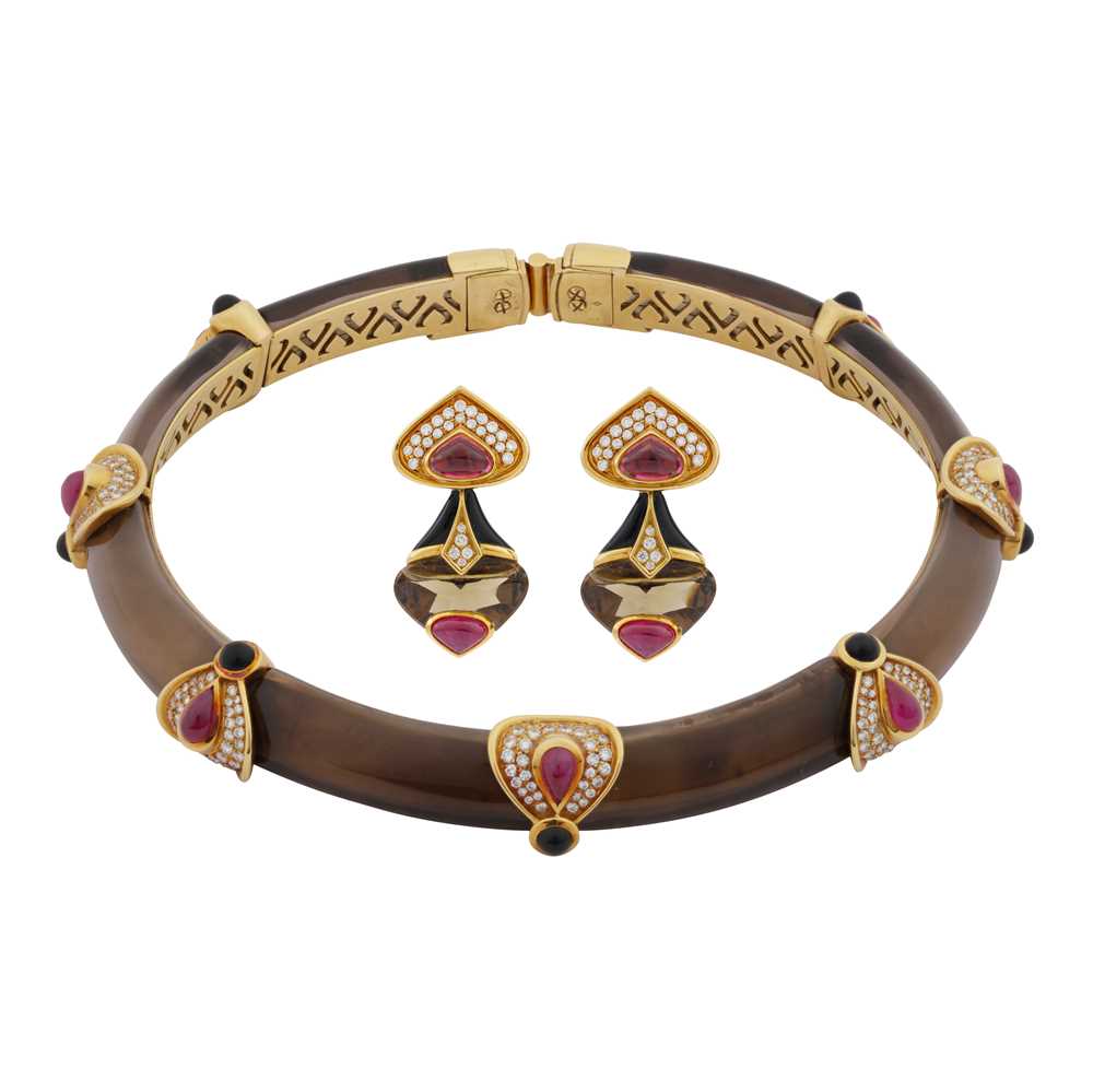 Marina B Ι A smoky quartz, ruby, diamond, tourmaline and onyx choker and clip earring suite