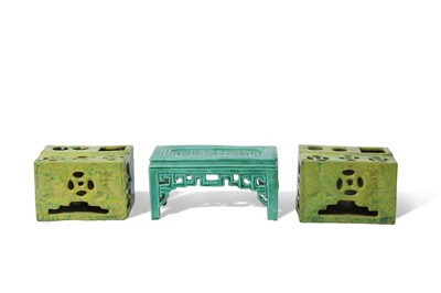 Lot 465 - A PAIR OF CHINESE GREEN-GLAZED INCENSE BURNERS...