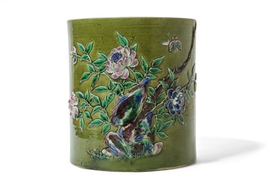 Lot 477 - A CHINESE GREEN-GROUND FLORAL BRUSH POT,...