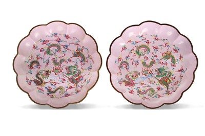 Lot 341 - A PAIR OF CHINESE PINK-GROUND CANTON ENAMEL...