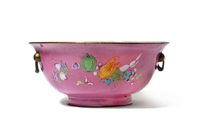 Lot 337 - A CHINESE CANTON ENAMEL PINK-GROUND 'FRUIT'...