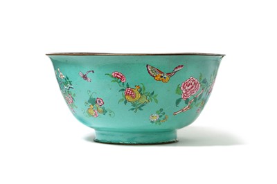 Lot 338 - A CHINESE CANTON ENAMEL TURQUOISE-GROUND BOWL....