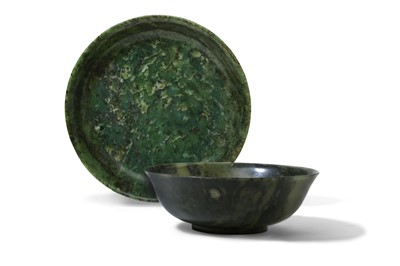 Lot 449 - A CHINESE SPINACH-GREEN JADE BOWL AND DISH....
