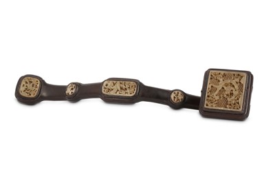 Lot 60 - A CHINESE WHITE JADE-INSET WOOD RUYI SCEPTRE.