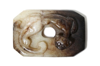 Lot 223 - A CHINESE PALE CELADON JADE 'CHILONG' DISC, BI....