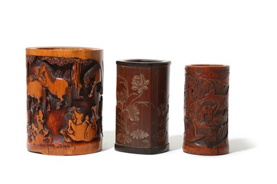 Lot 257 - THREE CHINESE BAMBOO BRUSH POTS, BITONG.  Qing...