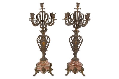 Lot 1000 - A pair of rouge marble based spelter five...