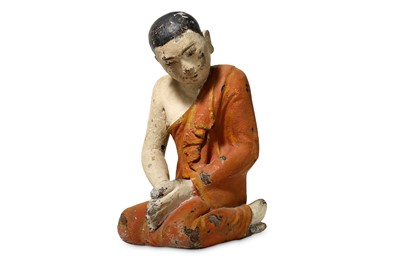 Lot 144 - A BURMESE POLYCHROMED WOOD FIGURE OF A PRAYING...