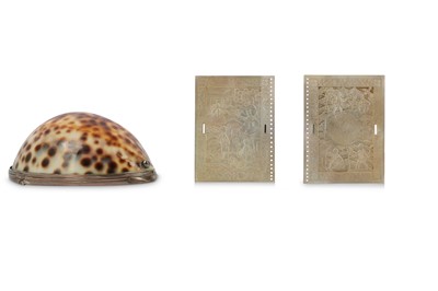 Lot 487 - TWO CHINESE MOTHER OF PEARL PANELS AND COWRIE...