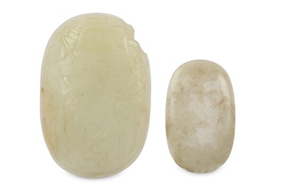 Lot 448 - TWO CHINESE PALE CELADON JADE OVAL-SHAPED...
