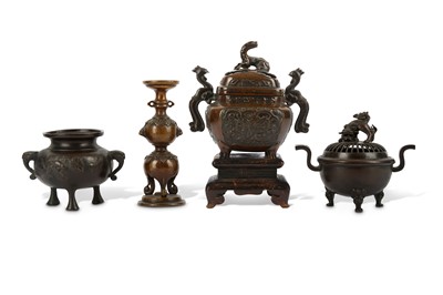 Lot 112 - THREE BRONZE INCENSE BURNERS AND A BRONZE...