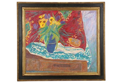 Lot 69 - JOY GIRVIN (20TH CENTURY) Vase of sunflowers...