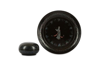 Lot 268 - A CHINESE LAQUE BURGAUTE DISH AND CIRCULAR BOX...
