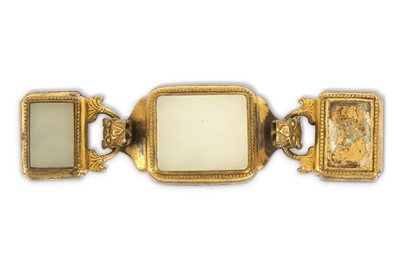 Lot 435 - A CHINESE JADE-INSET GILT-BRONZE BELT HOOK....