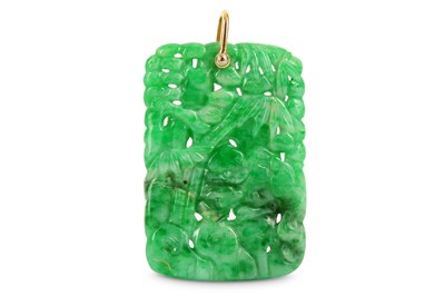 Lot 419 - A CHINESE APPLE-GREEN JADEITE PENDANT. Carved...