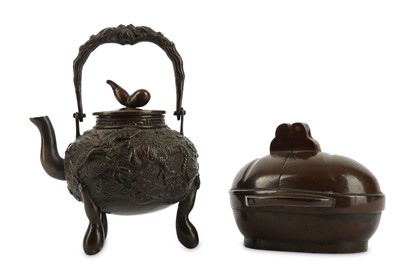 Lot 176 - A BRONZE WATER DROPPER AND A SILVER-INLAID...