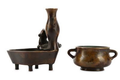 Lot 175 - A CHINESE BRONZE JOSS STICK HOLDER AND A...