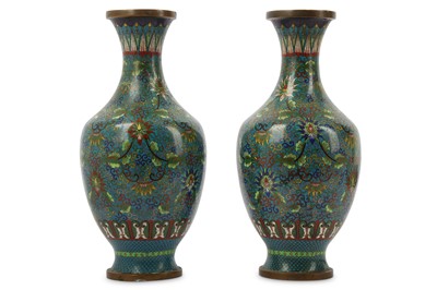 Lot 547 - A PAIR OF CLOISONNE ENAMEL 'LOTUS' VASES. 20th...