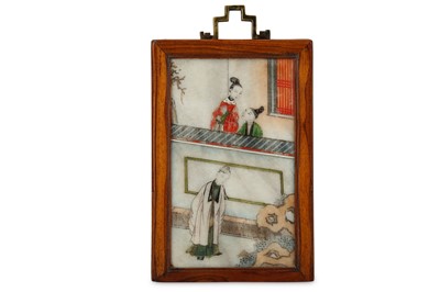 Lot 530 - A CHINESE PAINTED 'LOVERS' SOAPSTONE PANEL....