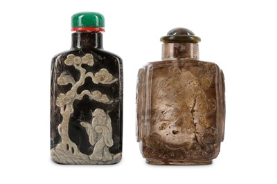 Lot 463 - TWO CHINESE RECTANGULAR-SECTION SMOKY CRYSTAL...