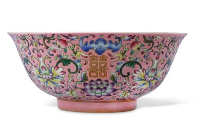 Lot 33 - A CHINESE FAMILLE ROSE PINK-GROUND 'WEDDING'...