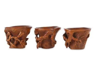 Lot 266 - THREE SMALL CHINESE BAMBOO 'TREES' LIBATION...