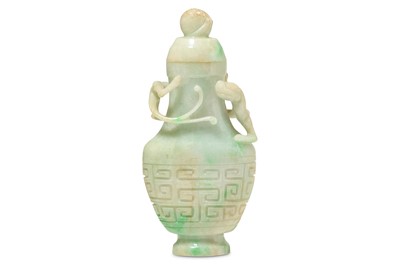 Lot 438 - A CHINESE APPLE GREEN JADEITE 'CHILONG' VASE...