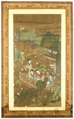 Lot 325 - A CHINESE PAINTING OF LADIES IN A GARDEN. Ink...