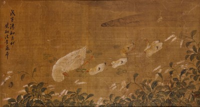 Lot 312 - A CHINESE PAINTING OF DUCKS ON A POND. Ink and...