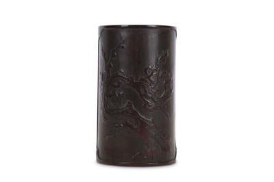 Lot 594 - A CHINESE BAMBOO 'PRUNUS' BRUSHPOT, BITONG.