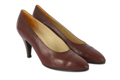 Lot 346 - Chanel Deep Plum Lizard Court Shoes, 1990s,...