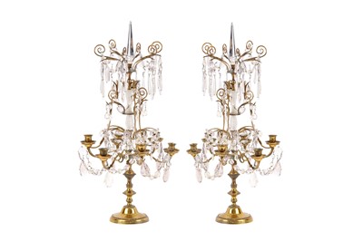 Lot 208 - A pair of six branch brass and cut glass table...