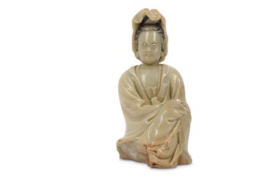 Lot 650 - A CHINESE SOAPSTONE FIGURE OF GUANYIN. Early...