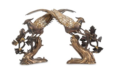 Lot 469 - A PAIR OF CHINESE WHITE METAL RUBY AND MOTHER...