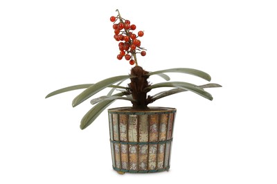 Lot 339 - A CHINESE JARDINIÈRE WITH A HARDSTONE PLANT....