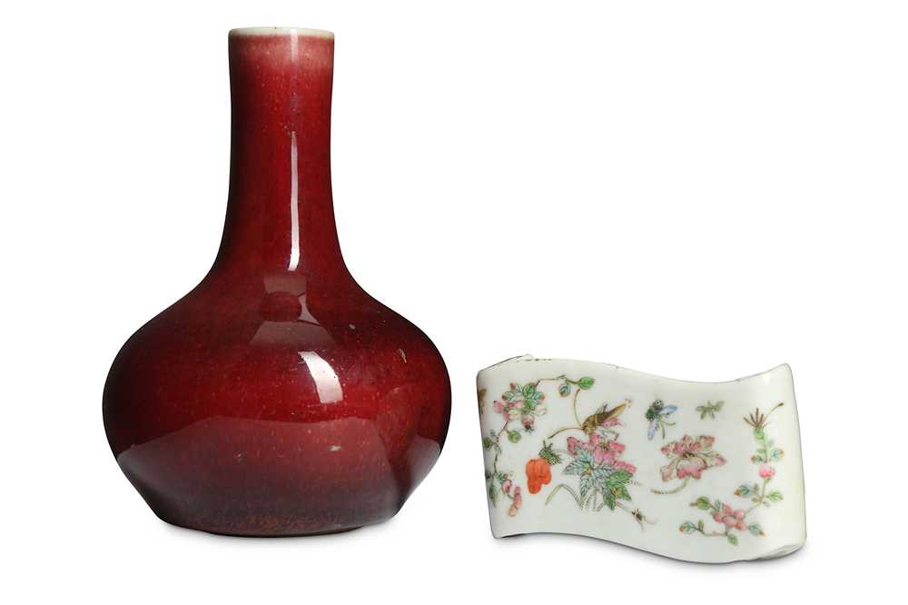 Lot 332 - A CHINESE OX-BLOOD GLAZED BOTTLE VASE AND A...