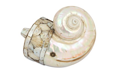 Lot 234 - λ A LARGE MOTHER-OF-PEARL POWDER FLASK