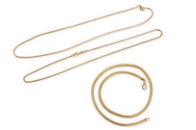 Lot 346 - Three fancy-link necklaces, all three yellow...
