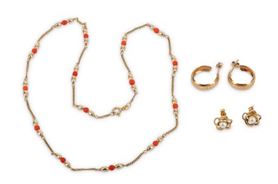 Lot 385 - A coral necklace and two pairs of earrings,...
