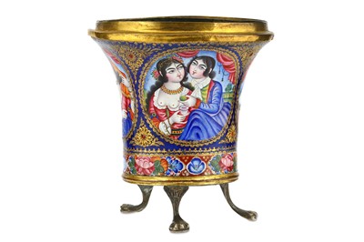 Lot 153 - A QAJAR POLYCHROME-ENAMELLED COPPER QALYAN CUP