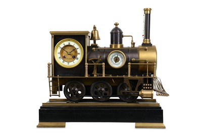 Lot 126 - A LATE 20TH CENTURY INDUSTRIAL STYLE BRONZE LOCOMOTIVE AUTOMATON CLOCK AFTER THE MODEL BY GUILMET