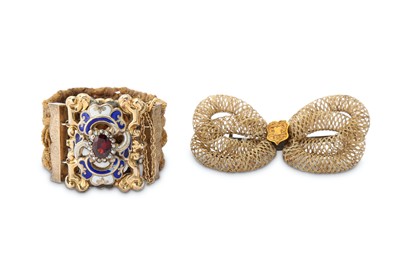 Lot 325 - AN ENAMEL AND HAIRWORK BRACELET AND A HAIRWORK...