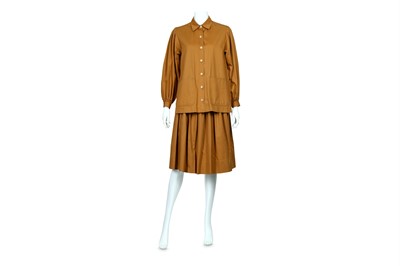 Lot 225 - Yves Saint Laurent Tan Two Piece Cotton Jacket And Matching Skirt - size 36