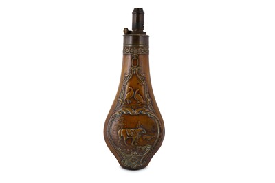 Lot 90 - AN EMBOSSED COPPER POWDER FLASK ENGRAVED 'LORD...