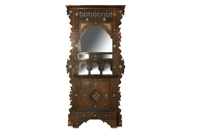 Lot 104 - λ A CARVED HARDWOOD MOTHER-OF-PEARL AND BONE-INLAID SYRIAN WALL PANEL