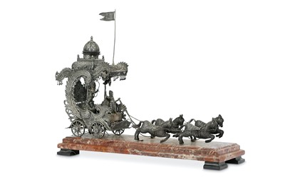 Lot 227 - AN INDIAN WHITE METAL FILIGREE CENTREPIECE OF A CHARIOT PULLED BY FOUR HORSES