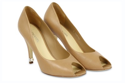 Lot 234 - Chanel Beige Leather Peep Toe Pearl Heels - size 41