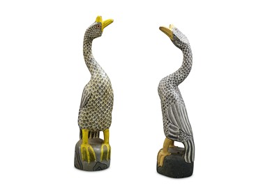 Lot 122 - A LARGE PAIR OF PAINTED AND CARVED WOOD MODELS...