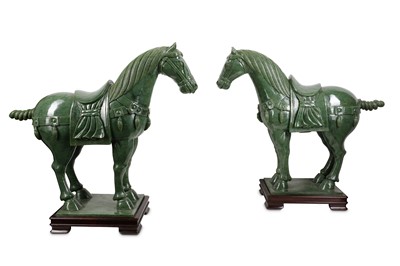 Lot 571 - A PAIR OF LARGE CHINESE SPINACH-GREEN HORSES.