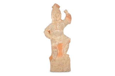 Lot 686 - A CHINESE POTTERY FIGURE OF LOKAPALA.